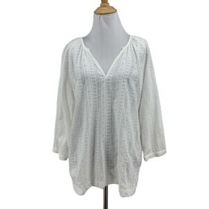 Barbour Top Womens 10 White Overboard Eyelet Bracelet Sleeve Open Stitch Cotton